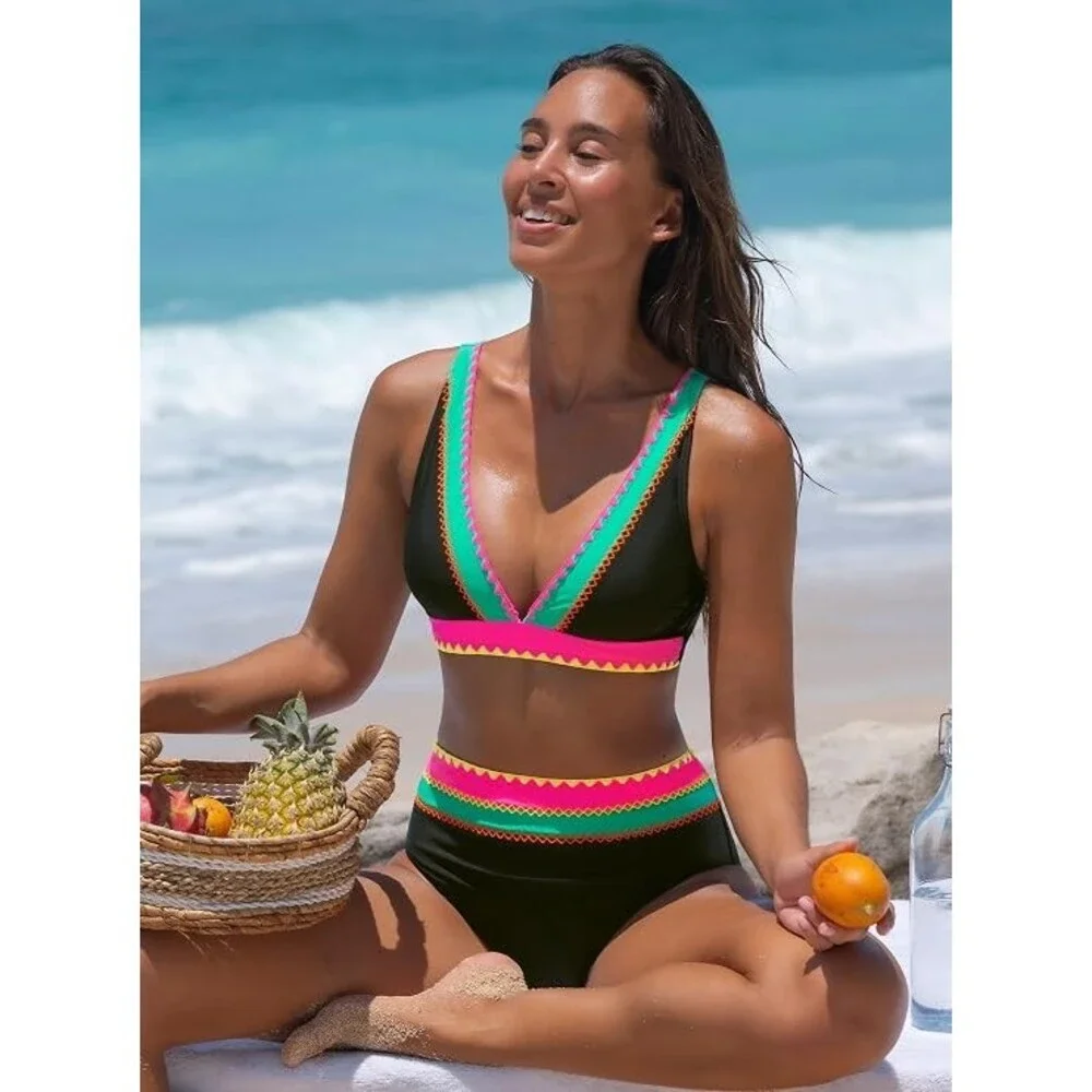 popvil Women's High Waisted Bikini Sets Two Piece Bathing Suits Color Block S